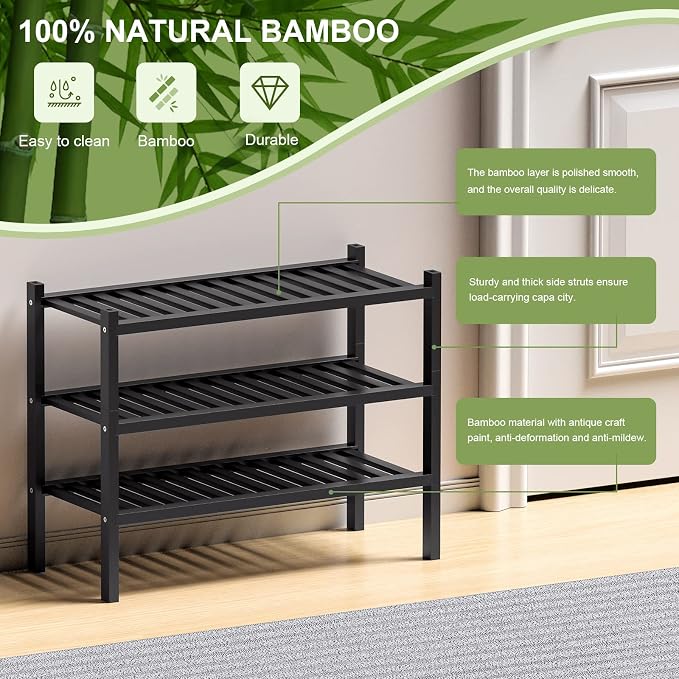 ROMGUAR CRAFT 3 Tier (Thick) Bamboo Shoe Rack for Entryway, Small Wood Shoe Shelf Storage Organizer for Closet, Shoe Stand for Hallway, Stackable and Sturdy 27"x12"x21" Black - Image 6