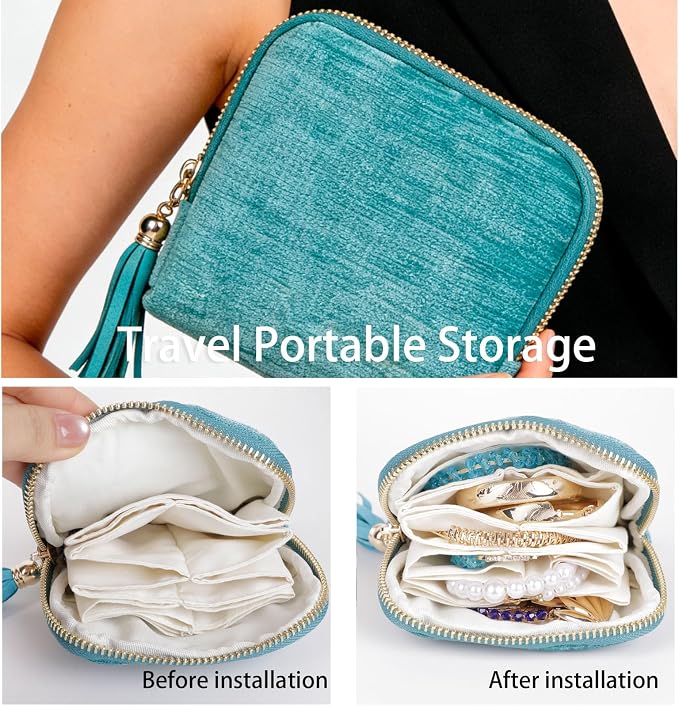 ASINGYER Travel Jewelry Storage Bag for Women, Velvet Portable Jewelry Organizer with Tassel Zipper, Small Pouches for Bracelets Necklaces Rings Earrings, Wedding Gift for Women (Sky blue) - Image 3