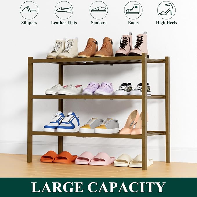 Smiry Shoe Rack, 3 Tier Thick Bamboo Shoe Organizer, Stackable Free Standing Wooden Shoe Storage Shelf for Closet, Entryway, Front Door Entrance, Walnut - Image 6