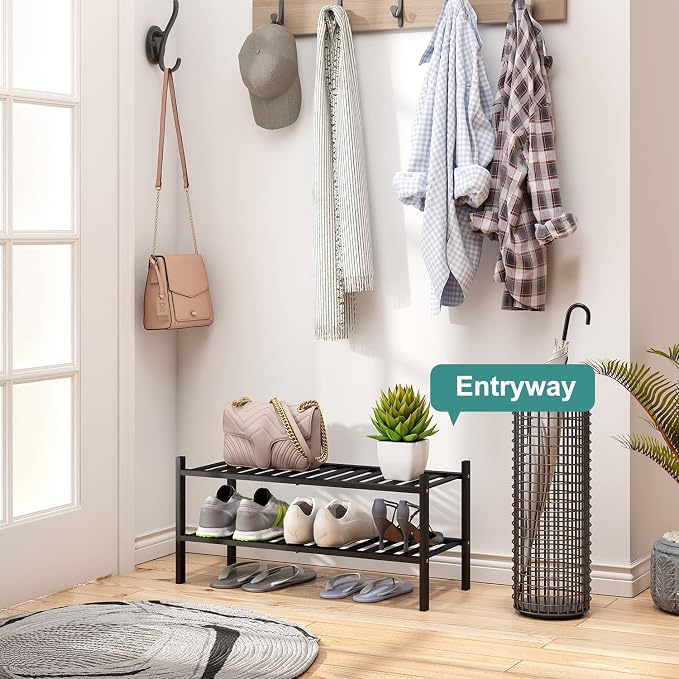 viewcare 2-Tier Black Bamboo Shoe Rack for Entryway, Stackable | Foldable | Natural, Shoe Shelf Storage Organizer for Hallway Closet, Free Standing Shoe Racks for Indoor Outdoor - Image 6