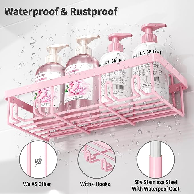 Liuoud 10 Pack Shower Caddy Organizer Rack Shelf for Inside Shower, Self Adhesive Wall Storage Basket Rustproof Stainless Steel Shampoo Holder Bathroom Accessory Decor Set, Pink - Image 6