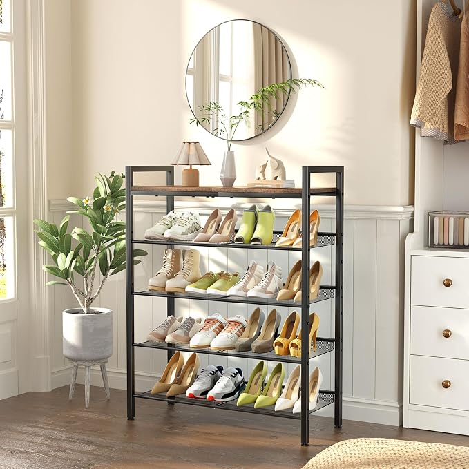 WIN4ALL Shoe Rack for Front Door Entrance, 5 Tier Shoe Rack for Entryway, 16-20 Pairs of Shoes, Metal Shoe Rack Organizer, Free Standing Shoe Rack for Closet (Black+Rustic Brown) - Image 4