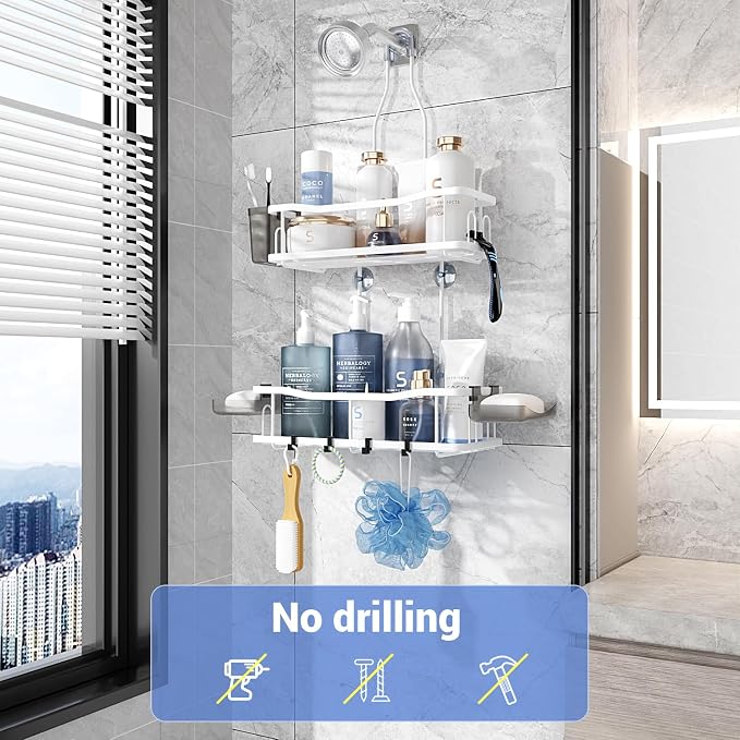 Aitatty Hanging Shower Caddy Bathroom Organizer: Rustproof Shower Shelf Racks Over Shower Head - No Drilling Inside Bath Shower Rack Shelves Over Showerhead for Shampoo with Soap Holder White - Image 2