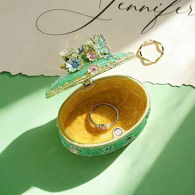 YU FENG Enamel Butterfly Trinket Box Jewelry Organizer, Decorative Hinged Keepsake Box – Green Floral Butterfly Box - Image 5
