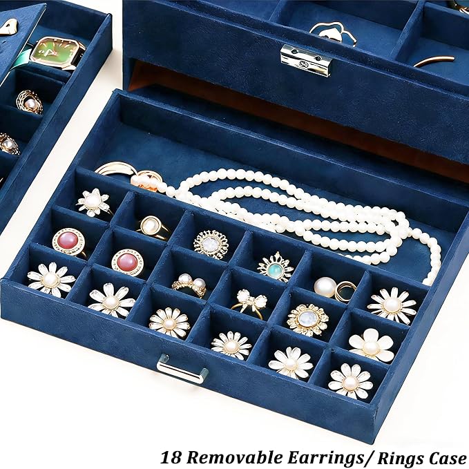 QBestry 3-Layer Jewelry Box for Women with Lock and Key & Drawer, Large Jewelry Organizer with 8 Necklace Hooks & 56 Earring Holes, Navy Velvet Jewelry Storage Box for Necklaces Earrings Ring Bracelet - Image 7