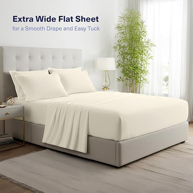 Kickoff Viscose Bamboo Sheets Short Queen Size 4-pc 100% Organic Bamboo Viscose Bed Cooling Sheets Short Queen Size Set Cool Bedding for hot sleepers sheet, Flat, Fitted, Pillowcases (Buttercream, SQ)