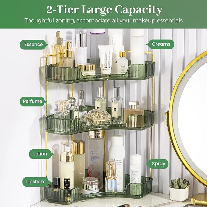 Aveniee Corner Bathroom Counter Organizer, 3 Tier Makeup Perfume Storage for Vanity, Countertop SkinCare Stand Shelf Holder for Women (Green) - Image 2