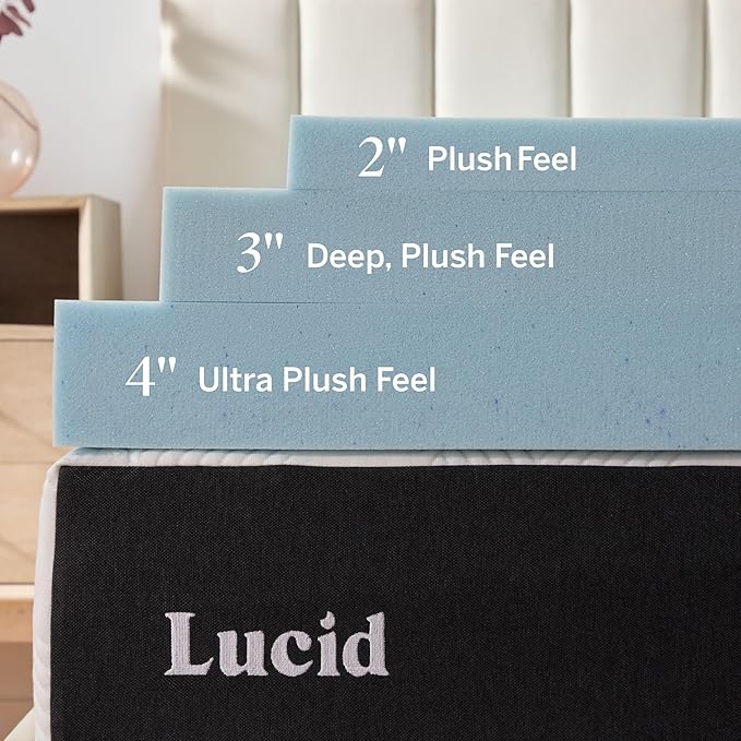 Lucid 3 Inch Memory Foam Mattress Topper, Twin XL Size – Cooling Gel Bed Topper – Preassure-Relieving Deep Plush Feel – Ventilated Breathable Design – CertiPur Certified - Dorm Room Essentials