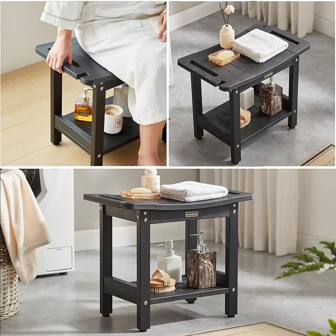 Shower Bench Seat for Shaving Legs, Waterproof Shower Stool for Inside Shower with Handles & Shower Head Holder, Bathroom Shower Chair, Black Shower Foot Rest with Adjustable Feet, Non-Slip - Image 6