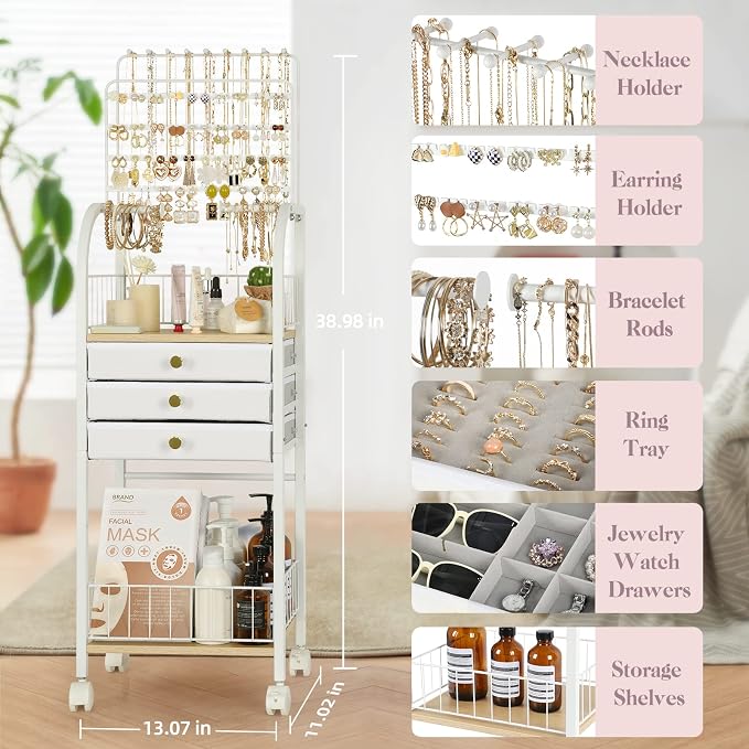 Keebofly Jewelry Organizer Stand with 3 Drawers, Large Necklace Holder & Earring Organizer Rack, Wooden Jewelry Tree Tower for Rings, Bracelets, Sunglasses and Skincare, Gift for Women, White - Image 3