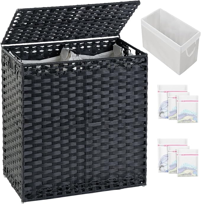 SETVSON Laundry Hamper with Lid Wicker Laundry Basket 112 L (29.6 Gal) Laundry Hampers Handwoven Rattan Clothes Hamper with Handles 3 Removable Liner Bag, 6 Mesh Bags for Bathroom Bedroom Black by SETVSON