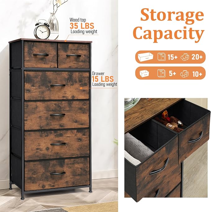 Fabric Dresser for Bedroom, Tall Skinny Dresser with 6 Drawers, Storage Organizer Tower, Steel Frame Wooden Top for Closet, Living Room, Hallway(Rustic Brown) - Image 7