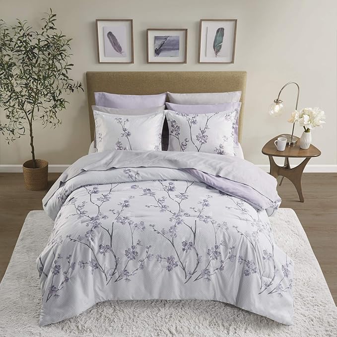 Comfort Spaces Bed in A Bag - Trendy Casual Design Cozy Comforter with Complete Sheet Set with Side Pocket, All Season Cover, Matching Shams Full(80"x90"), Kate, Grey/Purple 9 Piece, Cottage