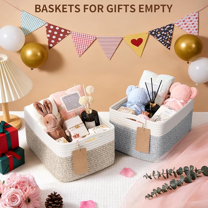 Goodpick 4 Pack Storage Baskets for Shelves, Rectangle Woven Baskets for Organizing, Decorative Closet Bins with Handles, Shelf Basket for Baby Toy Storage, 13''L x 8''W x 6''H, Gray & White - Image 5