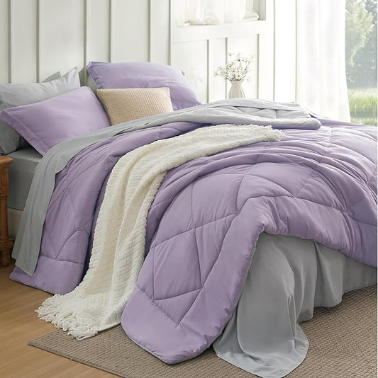 Bedsure Queen Comforter Set - 7 Pieces Reversible Light Purple Bedding, Queen Size Bed Set for All Seasons, Bed in a Bag with Down Alternative Comforter, Sheets, Pillowcases & Shams