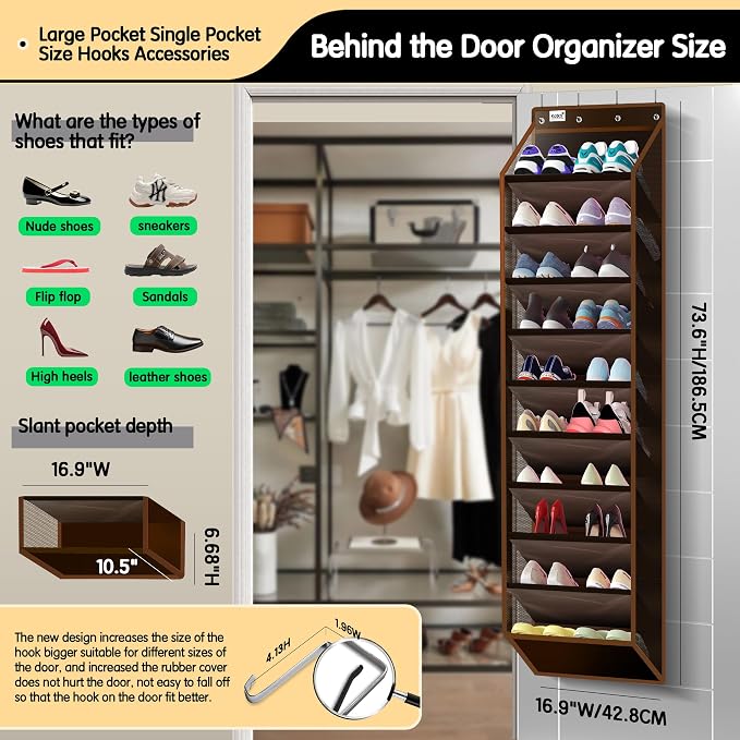 Kotkn 10 Tier Over The Door Organizer - Heavy Duty Hanging Storage Rack with Sturdy Oxford Fabric, Holds 20+ Pairs of Footwear, Boots & Sneakers, Saves 50% Closet Space (Dark Curry) - Image 2