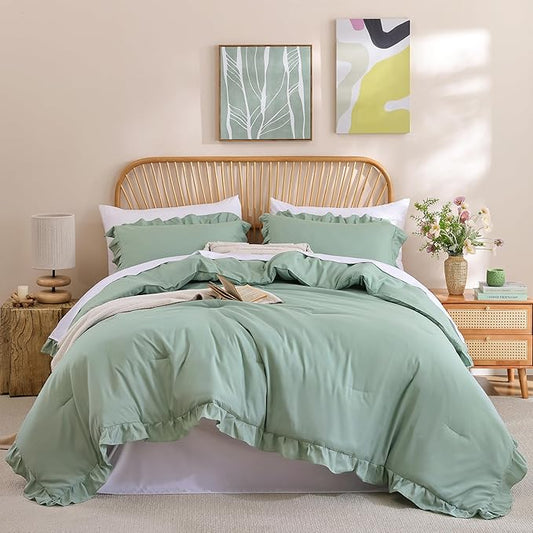 JANZAA Queen Comforter Set Sage Green 3PCS（1 Ruffled Comforter Set and 2 Pillowcases） Vintage Farmhouse Shabby Chic Bedding Soft Fluffy Comforter Set All Season