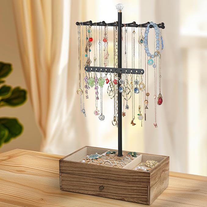 Meangood Jewelry Organizer Stand, 3-Tier Necklace Holder Jewelry Tree with Wooden Storage Drawer Box for Necklace Bracelet Earring Ring, Carbonized Black - Image 6