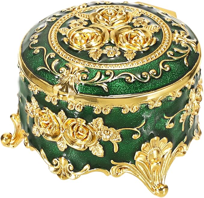 Hipiwe Vintage Jewelry Box Small Trinket Storage Organizer Box Gold Metal Chest Ring Case Treasure Chest Round Keepsake Boxes for Earrings Necklace Gift for Women,Green by Hipiwe