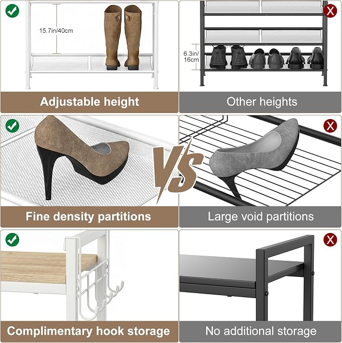 Refrze Shoe Rack for Front Door Entrance, 5 Tier Height-Adjustable Metal Shoe Rack, Sturdy Wooden Top and Tiltable Steel Frame Heavy Duty Shoe Organizer for Bathroom,Bedroom,Kitchen，Include Hook - Image 6
