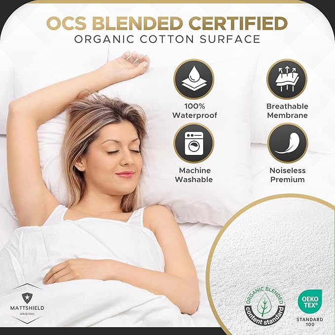 MATTSHIELD Maximum 3-Piece Kit - Waterproof Organic Cotton Terry Mattress Protector Full + 2 Pillow Protectors - Fitted with Stretchable Pockets - Skin-Friendly, Breathable Mattress Cover