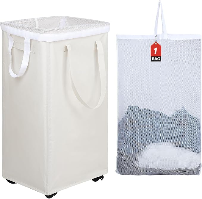 DOKEHOM 90L X-Large Laundry Basket with Removable Wash Bag on Wheels, Collapsible Rolling Laundry Hamper, Foldable Clothes Organizer, Folding Washing Bin (Beige) by DOKEHOM