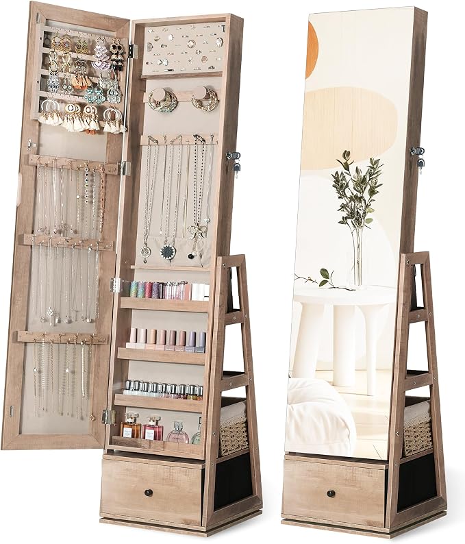 Nicetree 360°Swivel Jewelry Cabinet, Rotatable Full Length Mirror with Jewelry Storage, Standing Jewelry Armoire Organizer, Lockable Jewelry Organizer with 3 Rear Shelves, Bottom Drawer, Oak by Nicetree