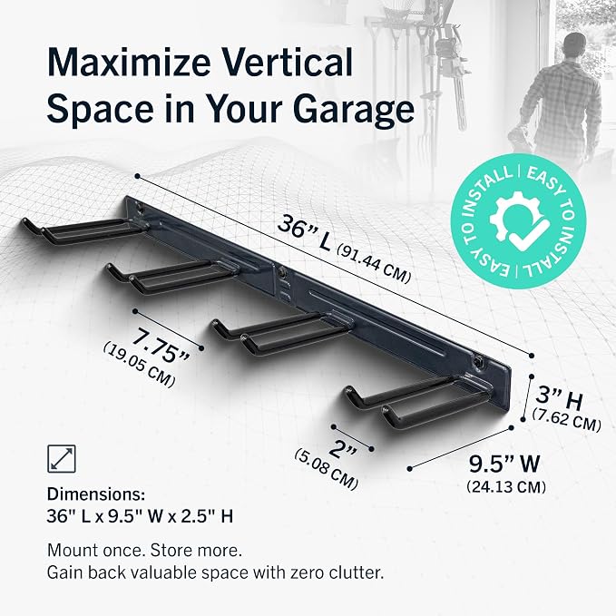 StoreYourBoard 36" Garage Tool Organizer Wall Mount | Garden Tool Organizer System | Heavy Duty Garden Tool Storage Rack for Yard Tools Rakes Shovels 250lbs Garage Organization | 4 PVC Coated Hooks - Image 2