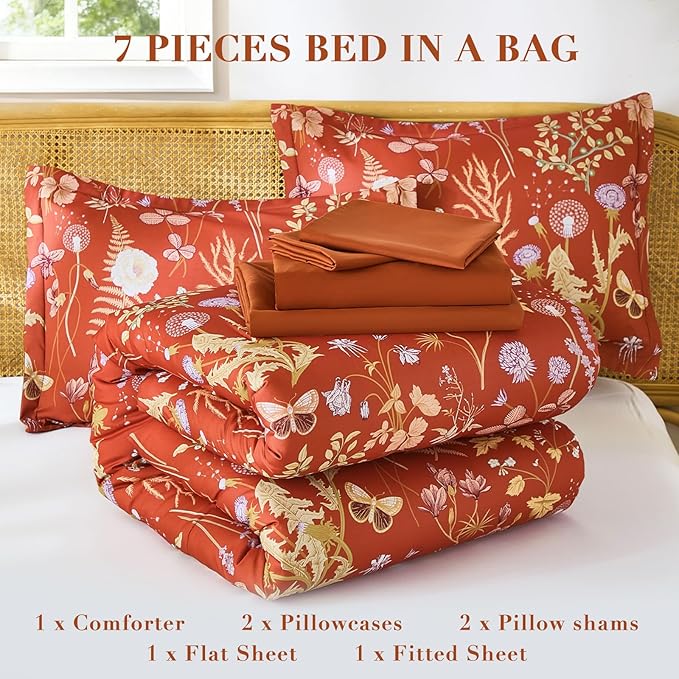 Yiran King Size Comforter Set 7 Piece,Burnt Orange Floral Bedding Set, Lightweight Bed in a Bag King with Botanical Flowers Spring, Soft Warm Terracotta Comforters with Sheets Complete for All Season