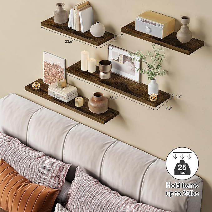 Forbena 36 Inch Floating Shelves for Wall Long Set of 3, Large Deep Wall Shelves for Bedroom Living Room Decor, Rustic Wood Floating Shelf for Kitchen Closet Office TV Plants Books (Dark Brown) - Image 4