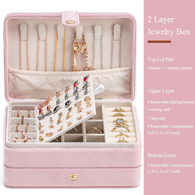 MODENGKONGJIAN Jewelry Organizer Box, 2-Layer Large Jewelry Storage Case, Portable Travel Jewelrys Display Holder for Earrings, Necklaces, Bracelets (Pink,Velvet) - Image 2