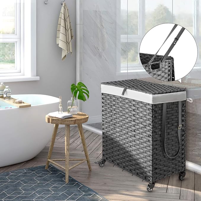 Greenstell Laundry Hamper with Wheels, No Install Needed, 110L Divided Handwoven Hampers & 2 Removable Liner Bags, Rattan Clothes Laundry Basket with Lid & Handles, Foldable Hampers Gray 22x13x26.4 In - Image 2