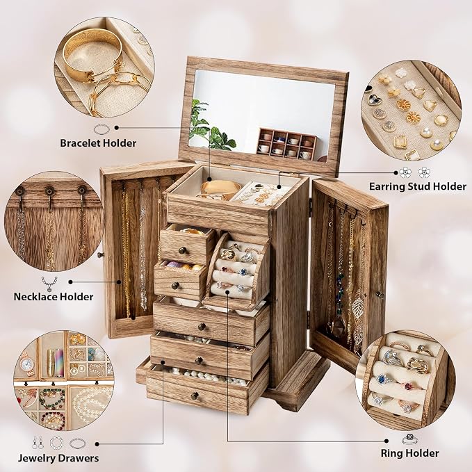 Jewelry Box for Women, Rustic Wooden Jewelry Boxes & Organizers with Mirror & Drawers,6 Layer Jewelry Organizer Box for Rings Earrings Necklaces Bracelets (Carbonized Black) - Image 3