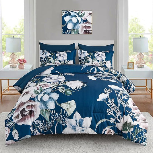 Luxudecor Floral Comforter Set King Size 7 Piece, Navy Flower Bed in a Bag, Elegant Comforter Bedding Set for All Season (Navy, 104"x90")