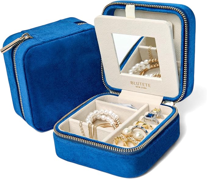BLUTETE Travel Jewelry Box Organizer Velvet Travel Case With Mirror Ring Earrings Necklaces Storage Organizer Box (Midnight Blue) by BLUTETE