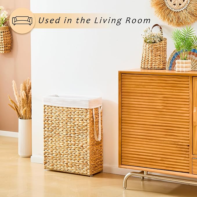 Handwoven Slim Laundry Hamper, 55L Narrow Laundry Basket, Natural Water Hyacinth Basket and Handles and Removable Liner Bag & 2 Mesh Bags (Natural, 55L) - Image 5