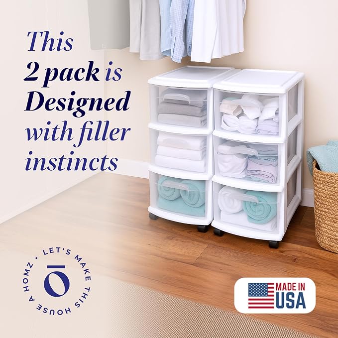 HOMZ 2-Pack Drawer Tower, 3-Tier Clear Plastic Storage Organizer Cart, White Frame - Organizing Containers with Wheels for Home, Bathroom, Bedroom, Office, and Classroom - Image 4