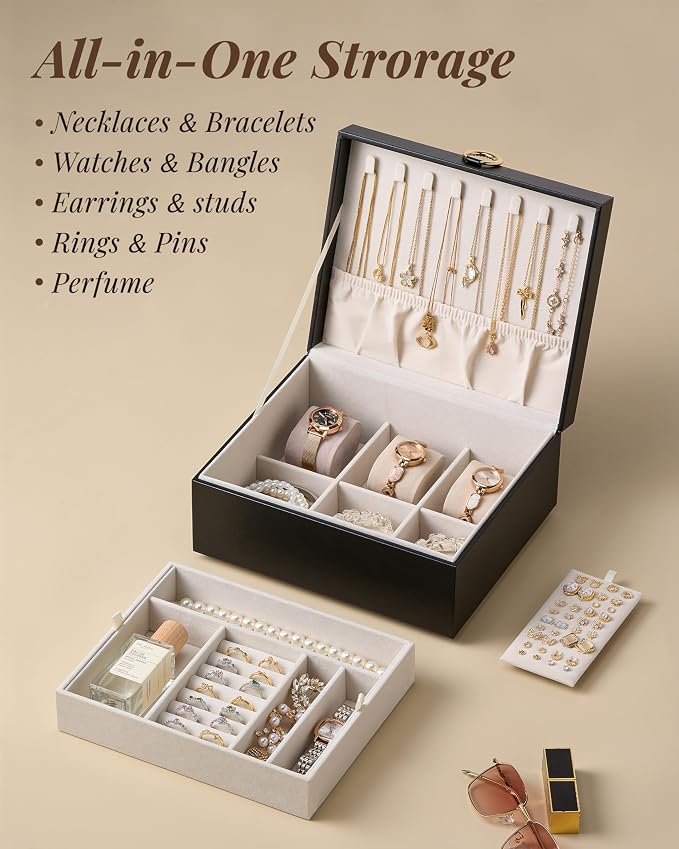 pickpiff 2 Layer Jewelry Box Organizer for Women, Jewelry Organizer with Handle & Removable Tray, Necklace Holder Ring Earring Storage, Velvet Lined Jewelry Case for Home or Travel, Gift Ready, Black - Image 5