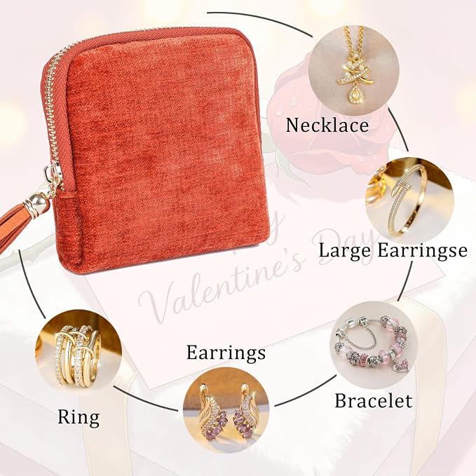 ASINGYER Travel Jewelry Storage Bag for Women, Velvet Portable Jewelry Organizer with Tassel Zipper, Small Pouches for Bracelets Necklaces Rings Earrings, Wedding Gift for Women (orange) - Image 4