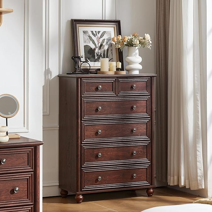 Farmhouse 6 Drawer Dresser Set of 2, Chest of Drawers for Bedroom, 43.5" Tall Walnut Kids Dresser with Roman Column and Metal Handles, Storage Dressers Organizer for Living Room, Hallway, Closet