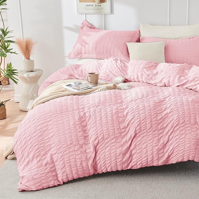 HYMOKEGE Pink/Ivory California King Comforter Set Seersucker 7 Pieces, All Season Luxury Bed in a Bag for Bedroom, Bedding Set with Comforter, Sheets, Pillowcases & Shams