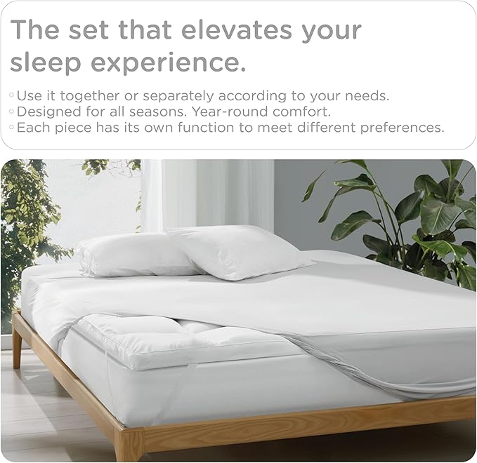 KUB Mattress Topper&Cooling Mattress Protector Bed Fitted Sheet Set, Deep Pocket&4 Elastic Bands, Triple Anti-Slip, Back Pain Relief, Breathable Soft 2 inch Mattress Pad Cover (White, Twin)