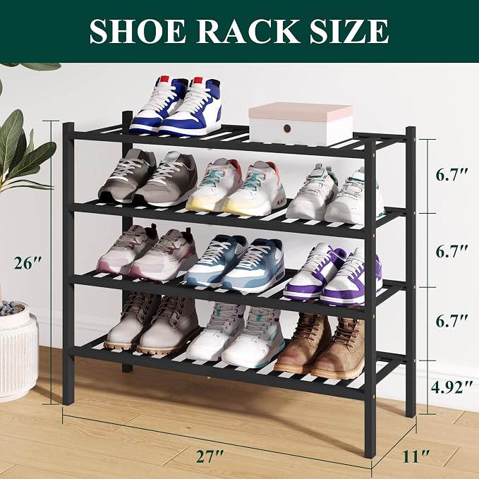 Smiry Bamboo Shoe Rack for Closet, 4 Tier Wooden Stackable Shoe Organizer, Free Standing Shoes Storage Shelf for Entryway, Front Door Entrance, Black - Image 2