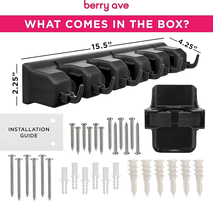 Combo 5 Slot Broom Holder w/ 1 Self Adhesive Mop Gripper No-Drilling, Wall Mount Tool Organizers For Kitchen, Garage, Laundry Room- Anti-Slip Hanger For Brooms, Mops, Rakes, Dustpans (Black / Black) - Image 2