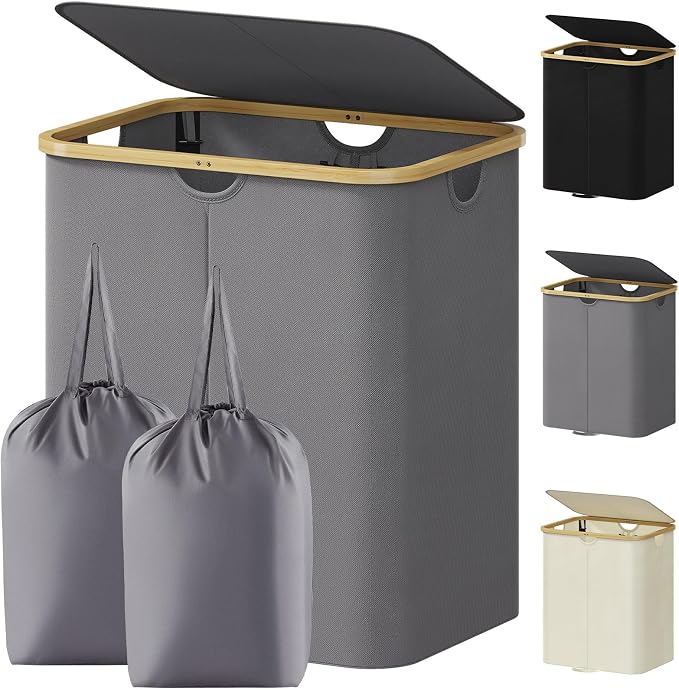 Lifewit 120L Double Laundry Hamper with Lid, Large Laundry Basket with Removable Bag & Bamboo Handles, Fodable Tall Dirty Clothes Hamper for Laundry Collapsible Bin for Bathroom Bedroom, Charcoal Gray by Lifewit
