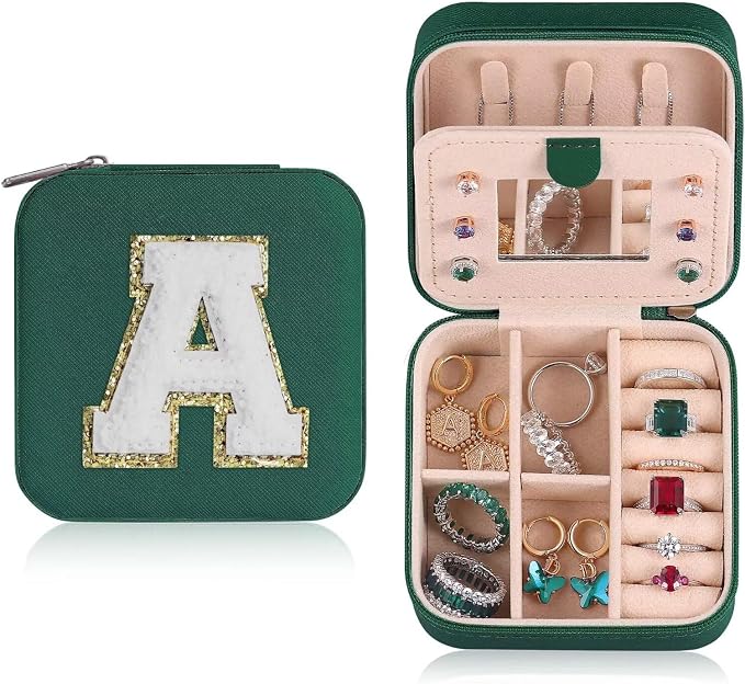 ETHOON Jewelry Travel Case Small Organizer Stocking Box Personalized Gifts Teenage Jewelry Accessories Holiday Christmas Gift for Women Green, Letter A by ETHOON