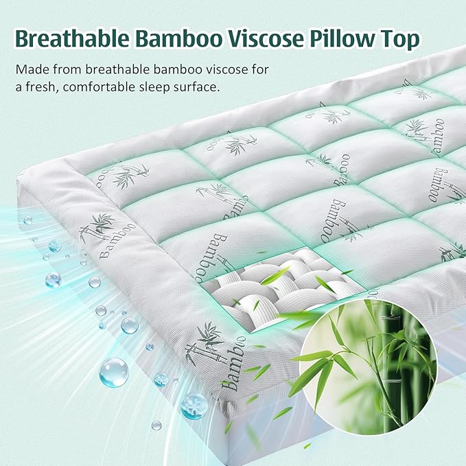 DOWNCOOL Memory Foam Mattress Topper Twin, Cooling Pillow Top Mattress Pad with Viscose Derived from Bamboo, Back Pain Relief, Deep Pocket Fits 8–21 Inch
