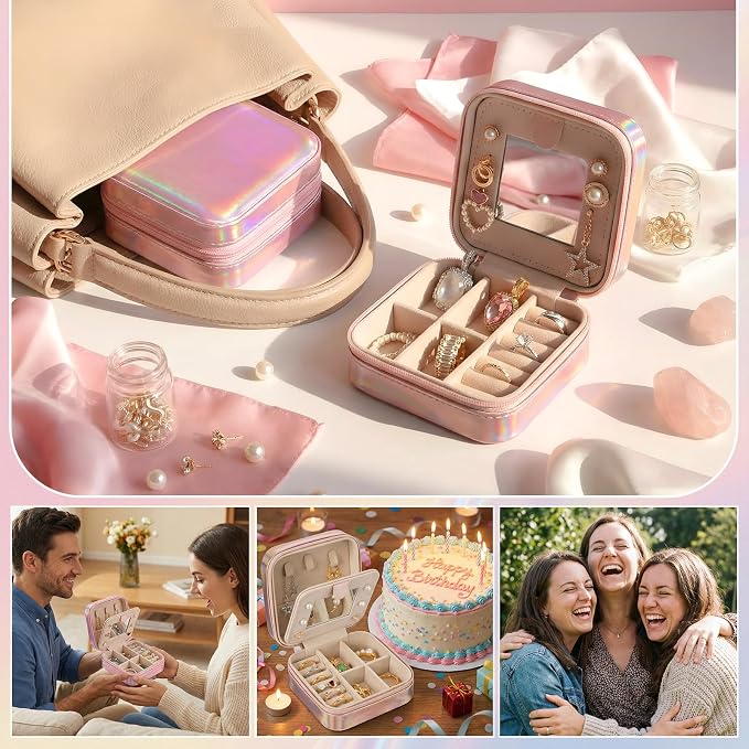 Nosiny 2 Pack Travel Jewelry Case with Mirror Small Laser Jewelry Box Organizer Gifts for Mother's Day Women Rings Earrings(Sakura Pink and Pastel Color) - Image 6