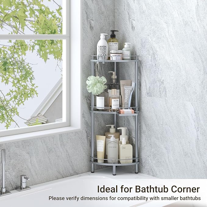 ELYKEN Corner Shower Caddy Standing, 3 Tier Rustproof Metal Shower Organizer with Soap Holder, Floor Shower Corner Shelf Rack Storage Stands with Adjustable Feet & 2 Hooks for Bathroom, Silver - Image 9
