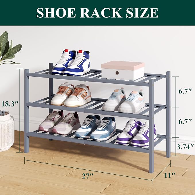 Smiry Bamboo Shoe Rack for Closet, 3 Tier Wooden Stackable Shoe Organizer, Free Standing Shoes Storage Shelf for Entryway, Front Door Entrance, Grey - Image 2